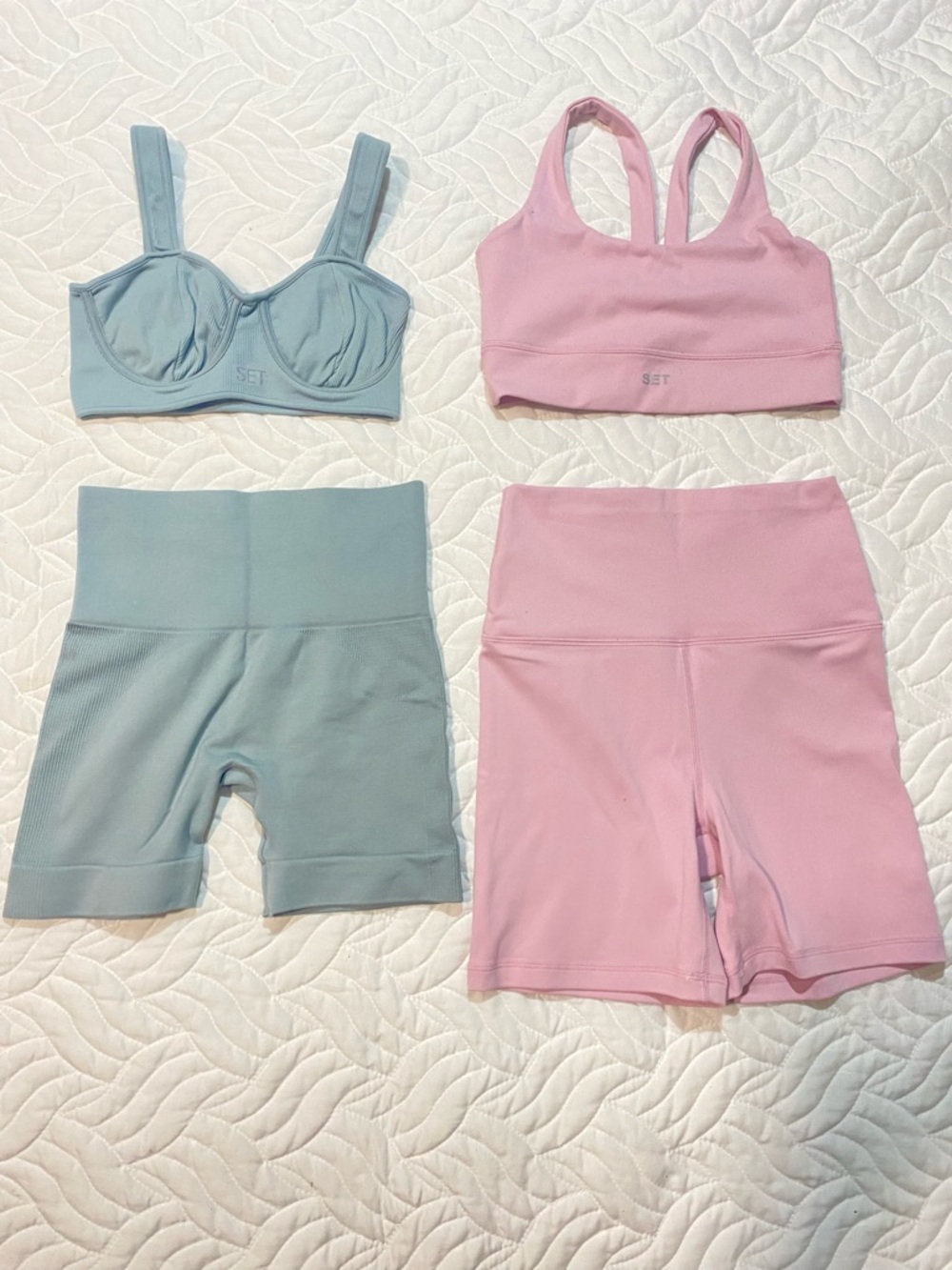 Four Pieces Set Active Sports Bra & High-Waist Bike Shorts- Pink and Teal/Blue